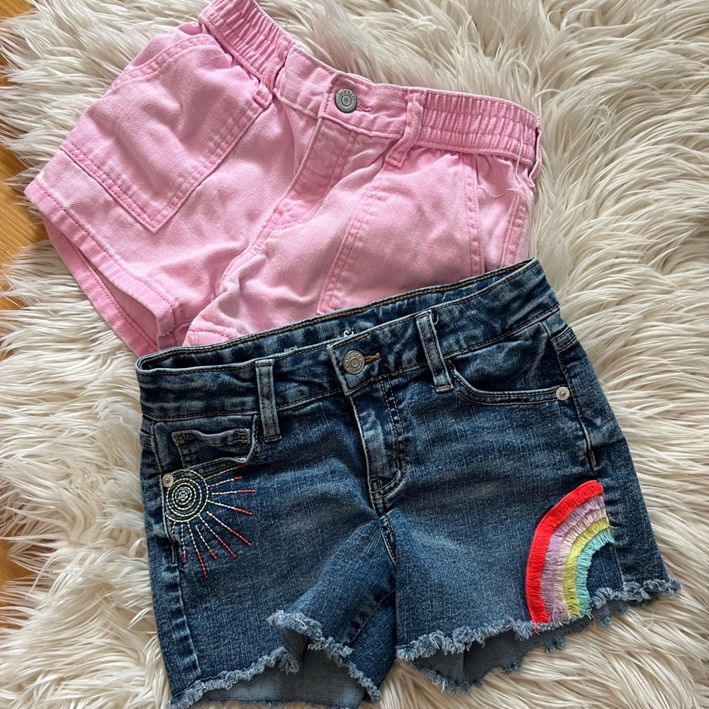Old Navy Girls Pink Pull-On Shorts & Denim Rainbow Embroidered Cutoffs